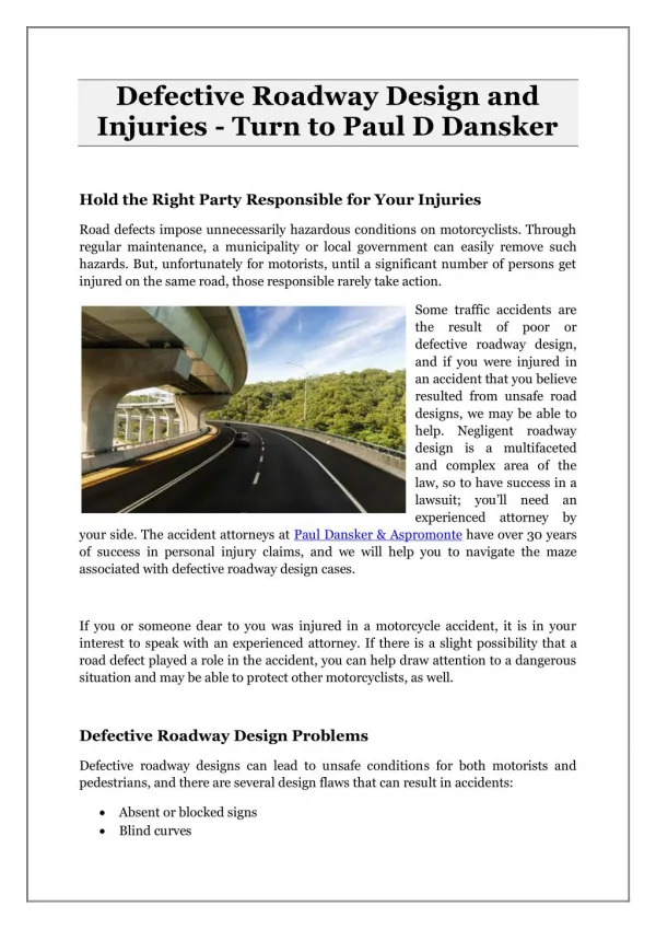 Defective Roadway Design and Injuries - Turn to Paul D Dansker