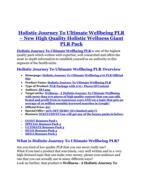Holistic Journey To Ultimate Wellbeing 270 PLR Review & GIANT bonus packs