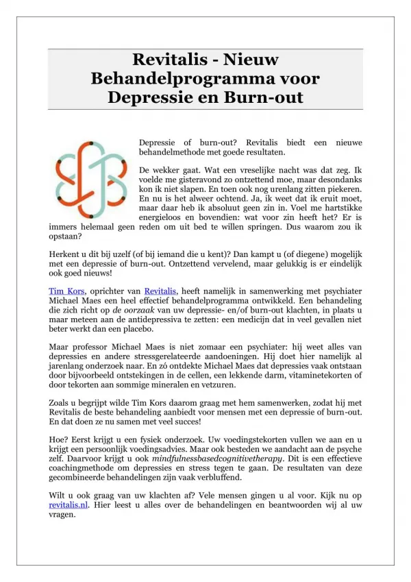 Revitalis - Nieuw Behandelprogramma voor Depressie en Burn-out