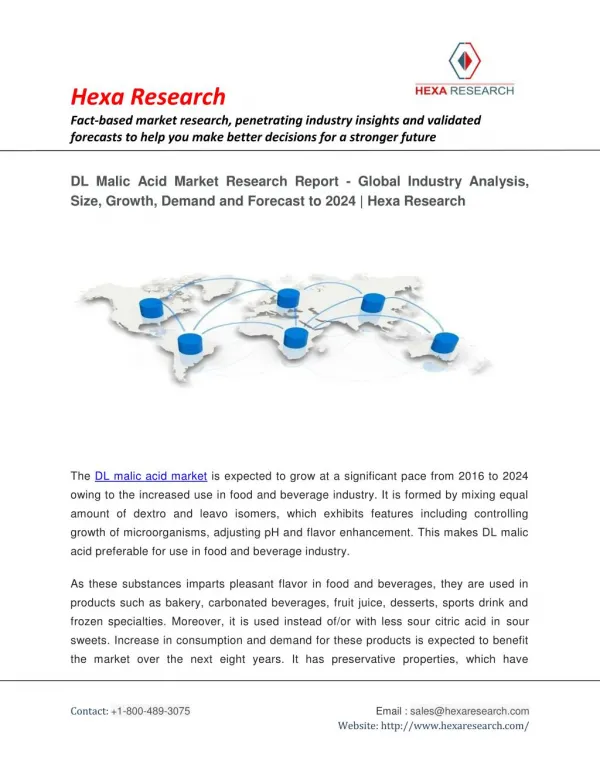 DL Malic Acid Market Size,Share, Growth, Industry Analysis, Trends and Forecast to 2024 | Hexa Research