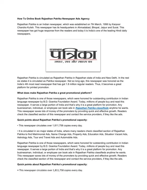 How To Online Book Rajasthan Patrika Newspaper Ads Agency