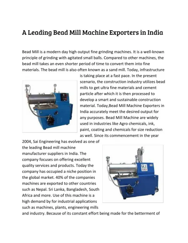 A Leading Bead Mill Machine Exporters in India
