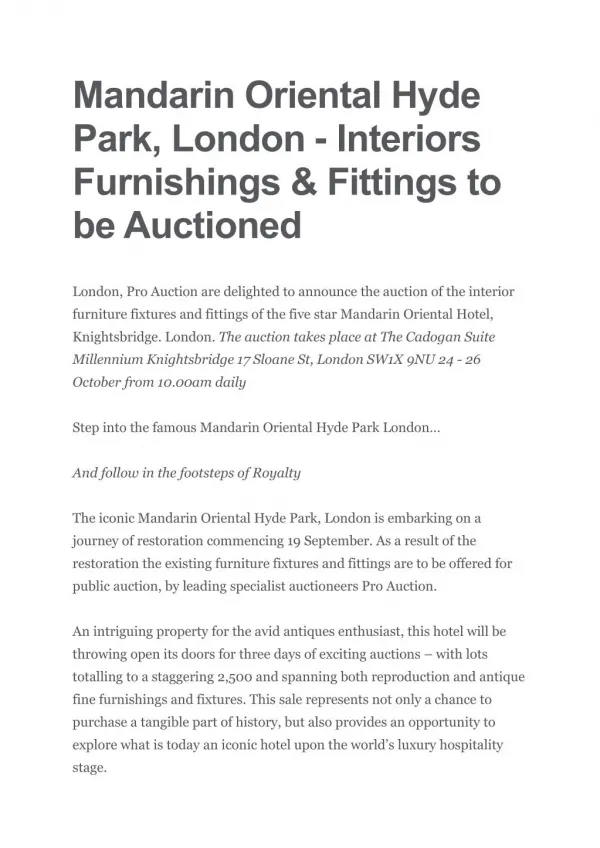 Mandarin Oriental Hyde Park, London - Interiors Furnishings & Fittings to be Auctioned