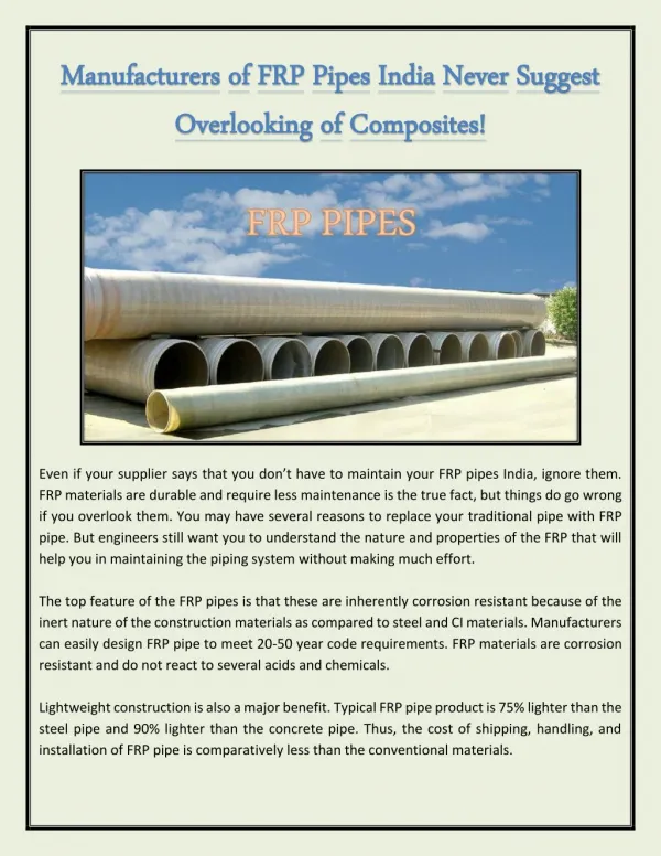 Manufacturers of FRP Pipes India Never Suggest Overlooking of Composites!