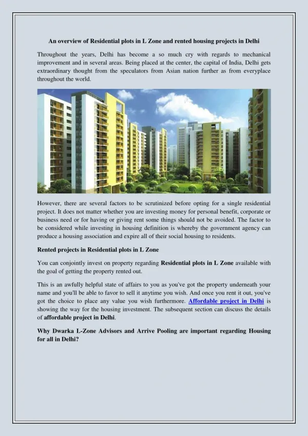 An Overview of Residential Plots in L Zone and Rented Housing Projects in Delhi