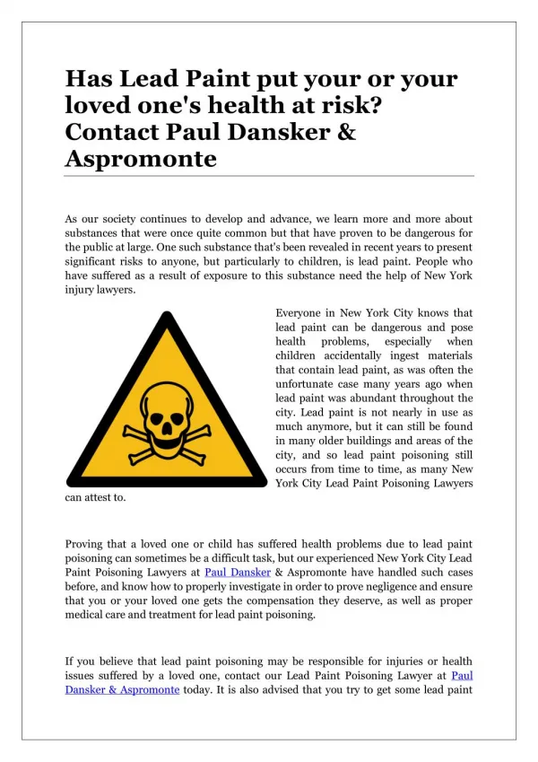 Has Lead Paint put your or your loved one's health at risk? Contact Paul Dansker & Aspromonte
