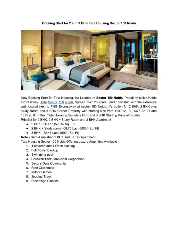 Booking Start for 2 and 3 BHK Tata Housing Sector 150 Noida