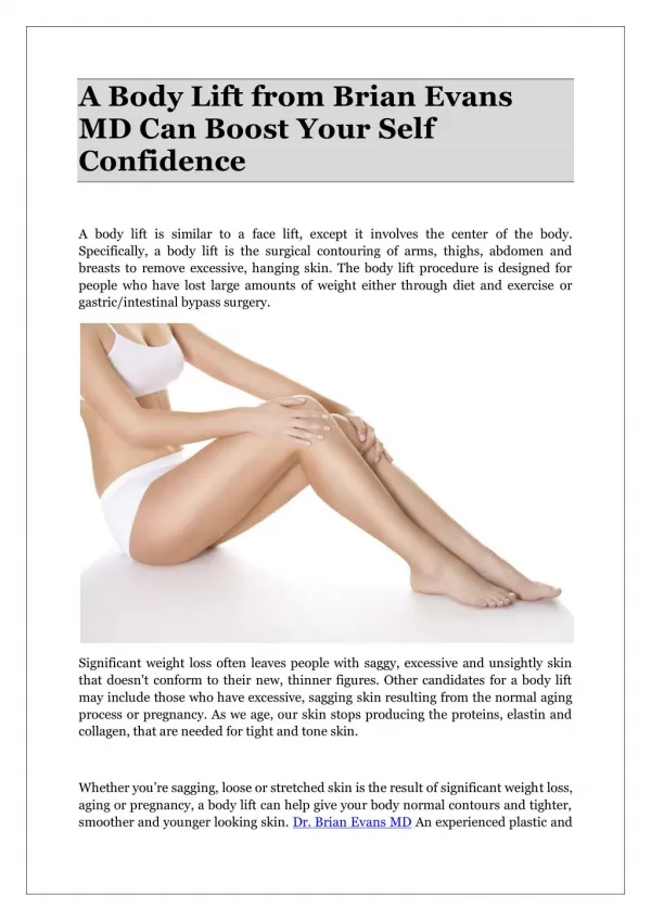 A Body Lift from Brian Evans MD Can Boost Your Self Confidence
