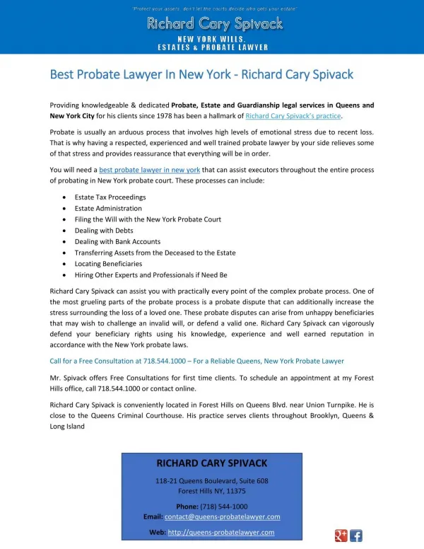 Best Probate Lawyer In New York - Richard Cary Spivack