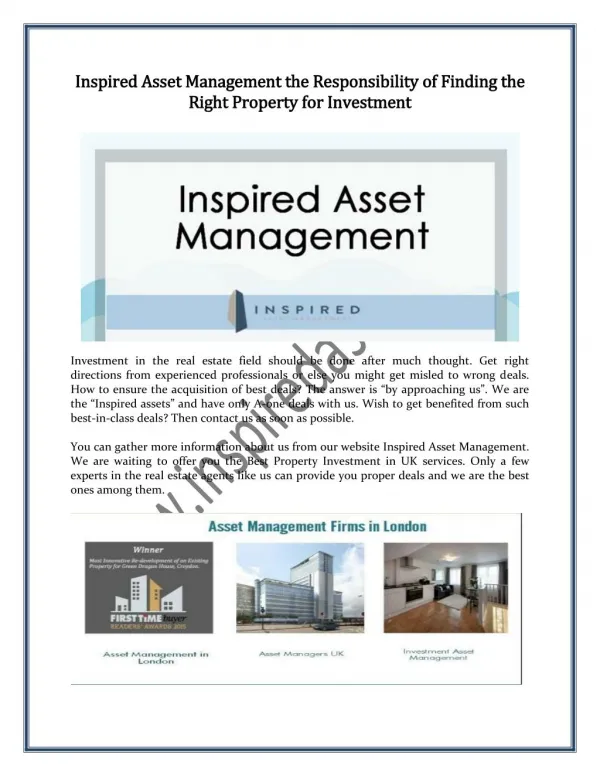 Inspired Asset Management the Responsibility of Finding the Right Property for Investment