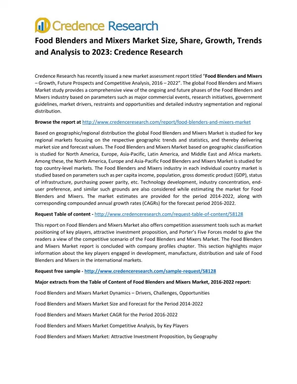 Food Blenders and Mixers Market Size, Share, Growth, Trends and Analysis to 2023: Credence Research