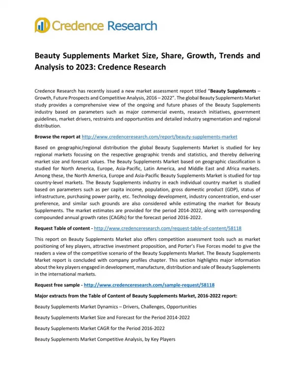 Beauty Supplements Market Size, Share, Growth, Trends and Analysis to 2023: Credence Research