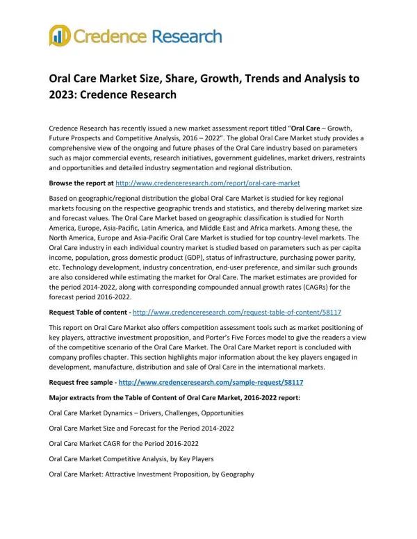 Oral Care Market Size, Share, Growth, Trends and Analysis to 2023: Credence Research