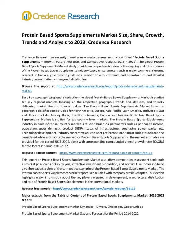 Protein Based Sports Supplements Market Size, Share, Growth, Trends and Analysis to 2023: Credence Research