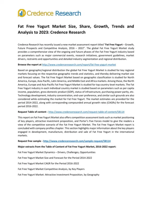 Fat Free Yogurt Market Size, Share, Growth, Trends and Analysis to 2023: Credence Research