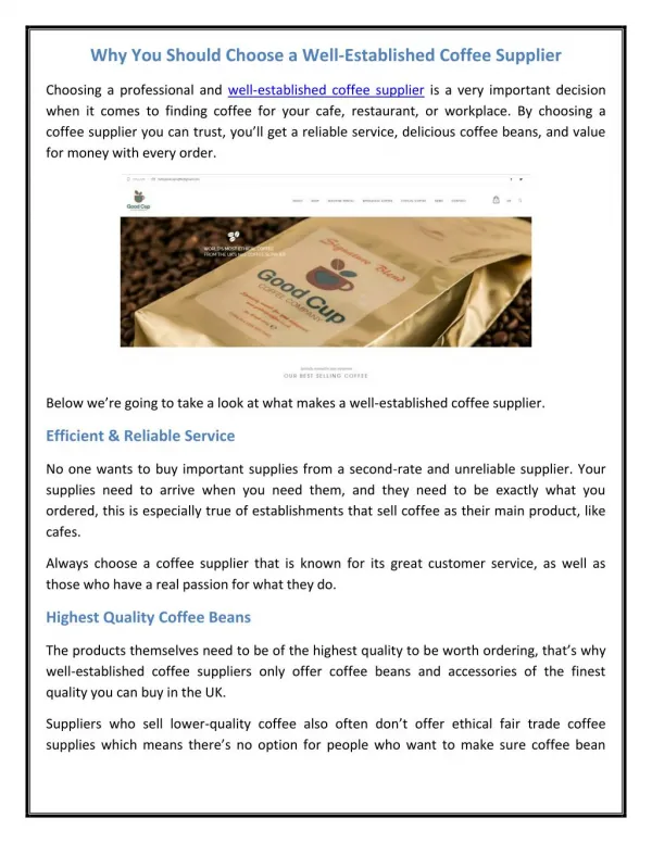 Why You Should Choose a Well-Established Coffee Supplier