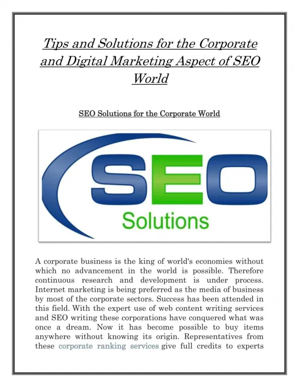 Tips and solutions for the corporate and digital marketing aspect of seo world