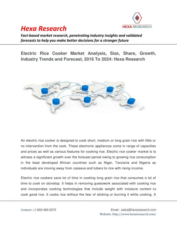 Electric Rice Cooker Market Analysis, Size, Share, Growth, Industry Trends and Forecast, 2016 To 2024: Hexa Research