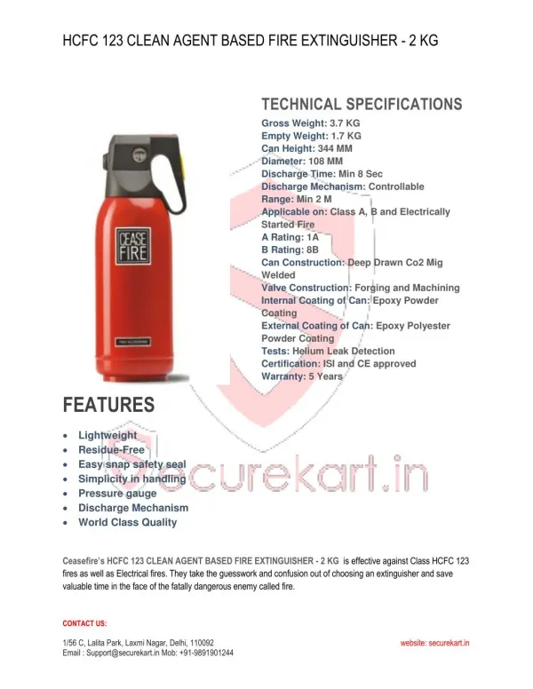 Ceasefire HCFC 123 Based Clean Agent Extinguishers - 2 Kg Features & Specifications