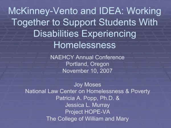 McKinney-Vento and IDEA: Working Together to Support Students With Disabilities Experiencing Homelessness