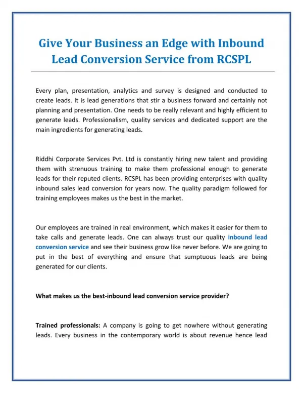 RCSPL - Best Inbound Lead Conversion Service Provider in India
