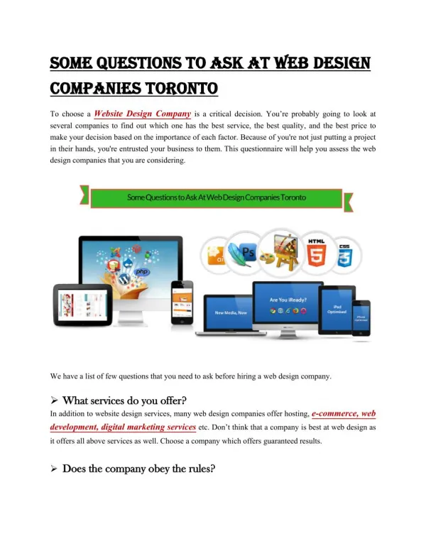 Some Questions to Ask At Web Design Companies Toronto