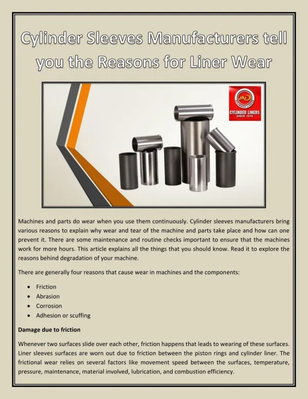 Cylinder Sleeves Manufacturers tell you the Reasons for Liner Wear