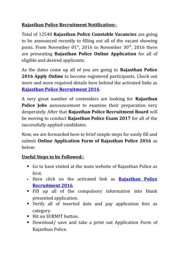 Rajasthan Police Recruitment 2016 Notification