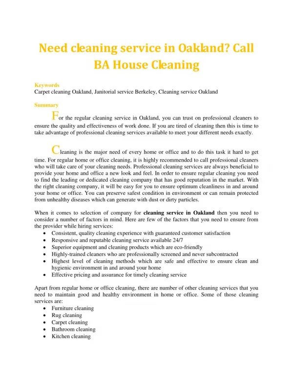 Need cleaning service in Oakland? Call BA House Cleaning