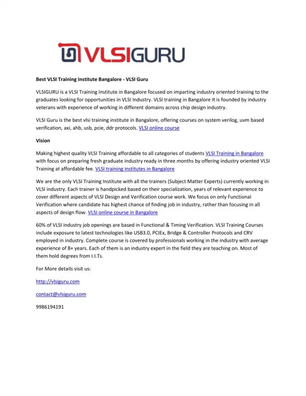 Best VLSI Training Institute Bangalore - VLSI Guru