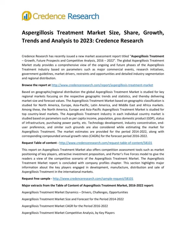 Aspergillosis Treatment Market Size, Share, Growth, Trends and Analysis to 2023: Credence Research