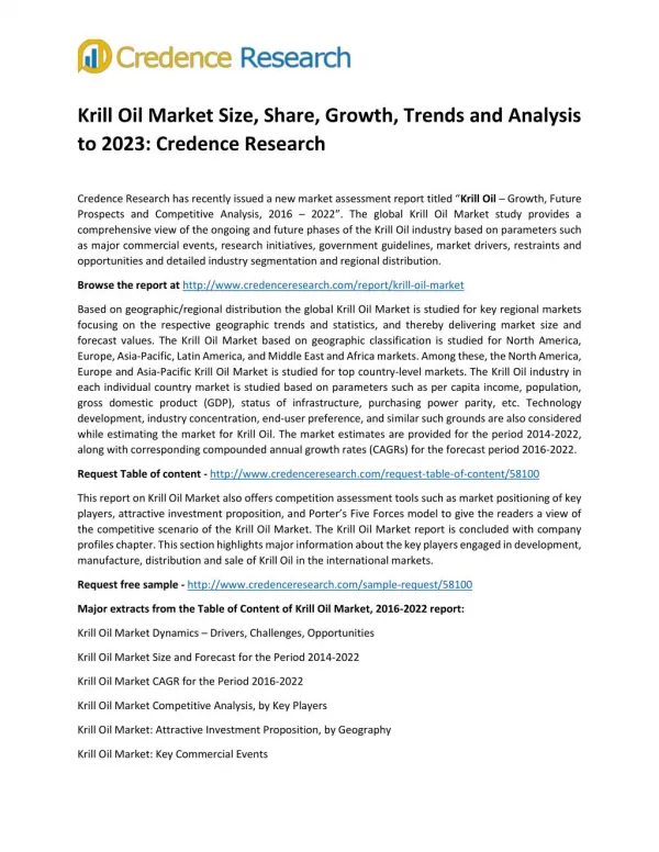 Krill Oil Market Size, Share, Growth, Trends and Analysis to 2023: Credence Research