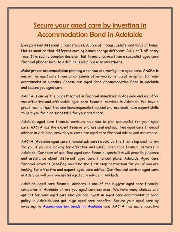 Secure your aged care by investing in Accommodation Bond in Adelaide