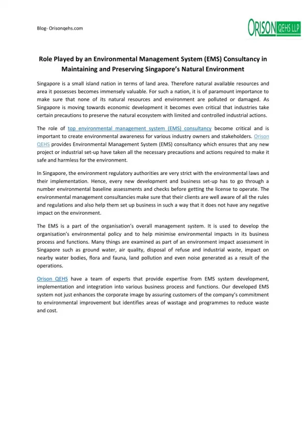 Role Played by an Environmental Management System (EMS) Consultancy in Maintaining and Preserving Singapore’s Natural En