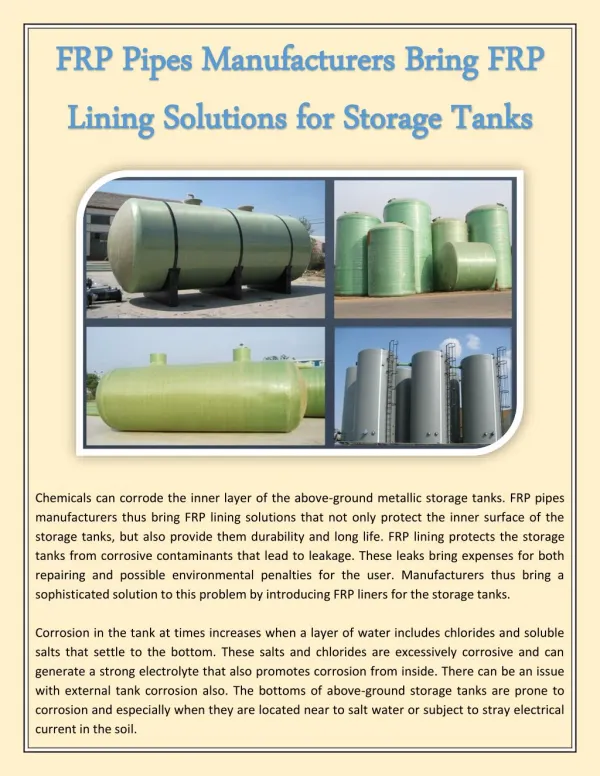 FRP Pipes Manufacturers Bring FRP Lining Solutions for Storage Tanks