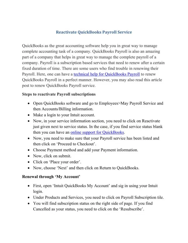 Reactivate quick books payroll service