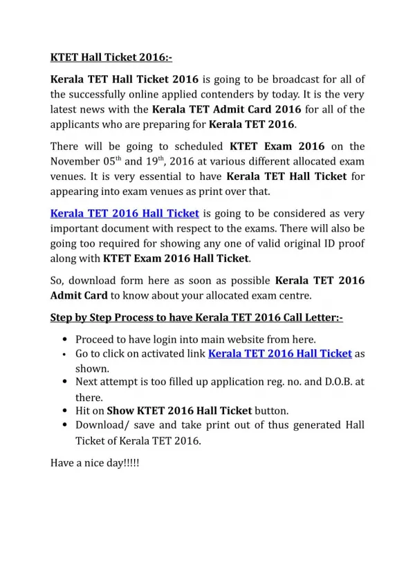 KTET 2016 Hall Ticket, Download Kerala TET Hall Ticket 2016