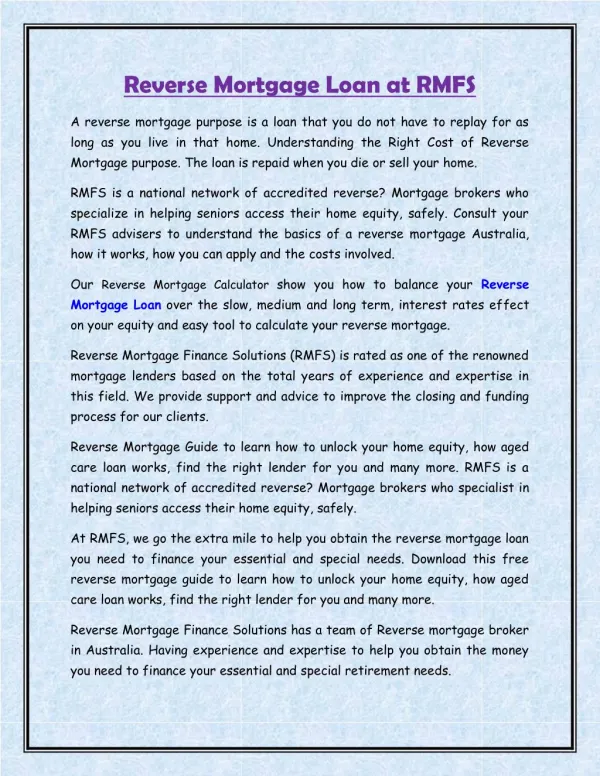 Reverse Mortgage Loan at RMFS