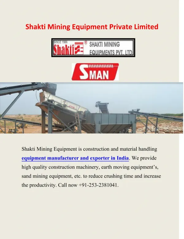 Shakti Mining - Equipment manufacturer and exporter in India