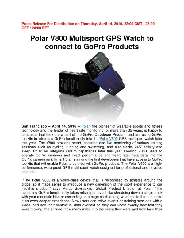 Polar V800 Multisport GPS Watch to connect to GoPro Products