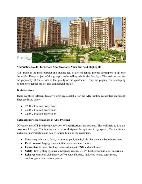 Ats Pristine Noida: Luxurious Specifications, Amenities And Highlights