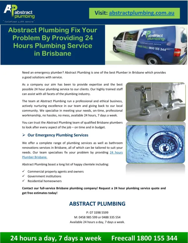 Abstract Plumbing Fix Your Problem By Providing 24 Hours Plumbing Service in Brisbane