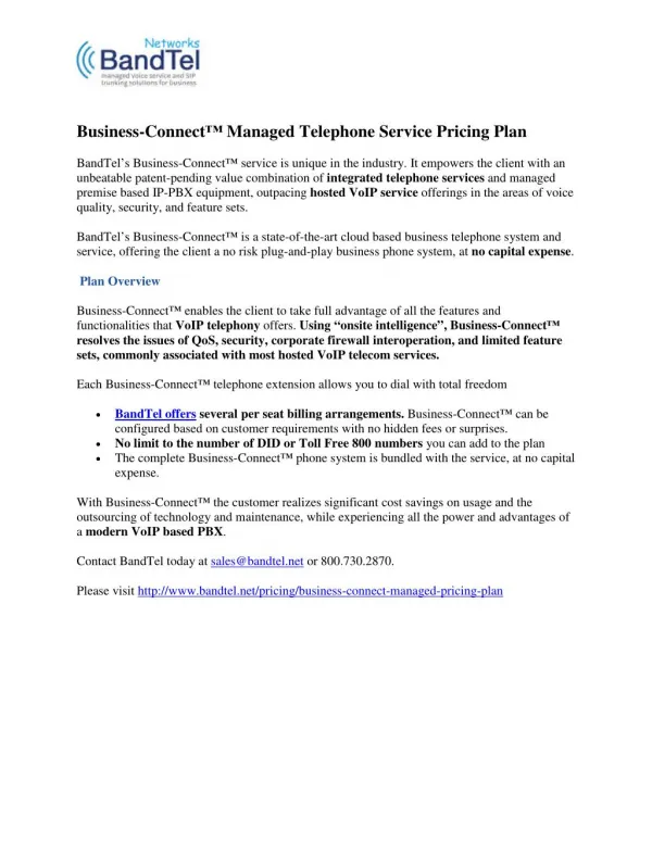 Business-Connect™ Managed Telephone Service Pricing Plan