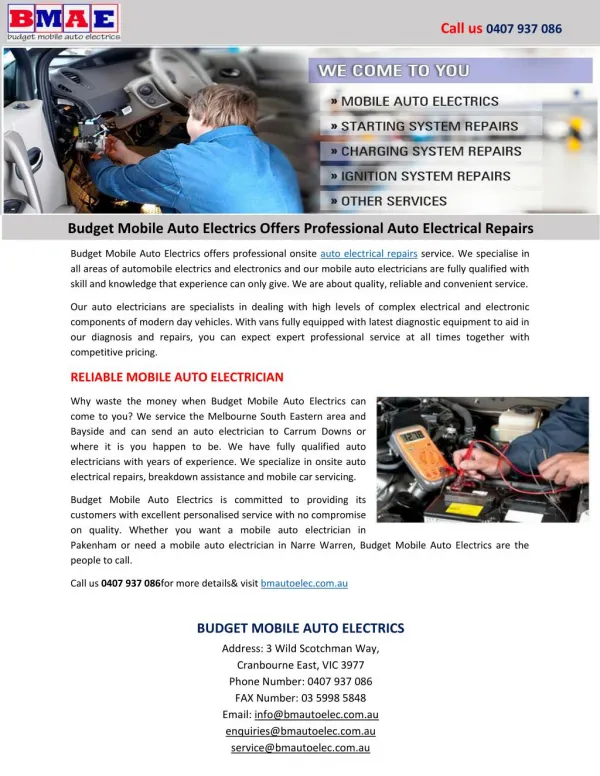 Budget Mobile Auto Electrics Offers Professional Auto Electrical Repairs