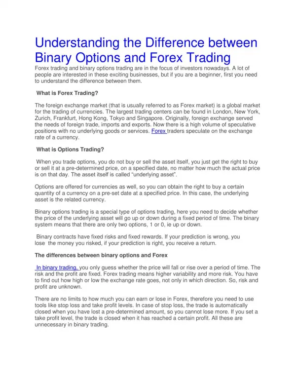 Understanding the Difference between Binary Options and Forex Trading
