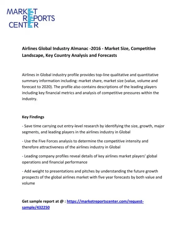 Airlines Global Industry Almanac -2016 - Market Key players and segments