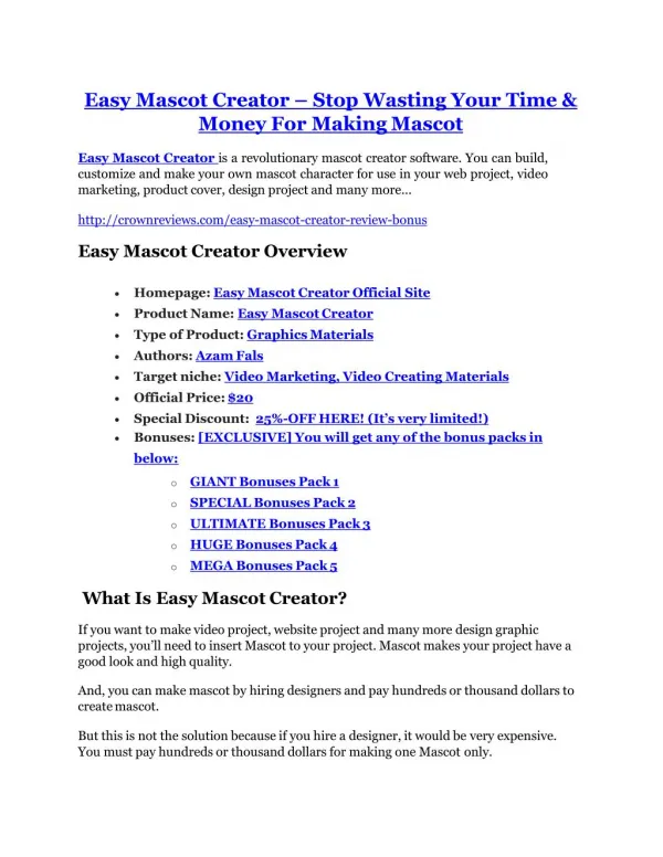 Easy Mascot Creator review & Easy Mascot Creator (Free) $26,700 bonuses