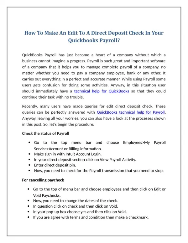 How To Make An Edit To A Direct Deposit Check In Your Quickbooks Payroll?
