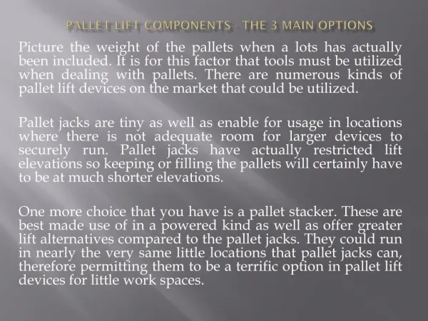 Pallet Lift Components - The 3 Main Options