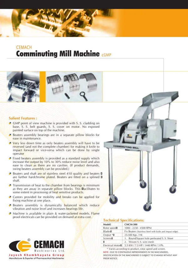 Cemach Comminuting Mill Machine cGMP